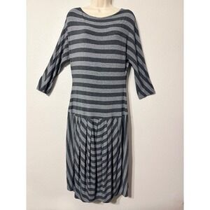 Marimekko Vintage Gray Black Striped Drop Waist Pleated Midi Dress Wool Viscose